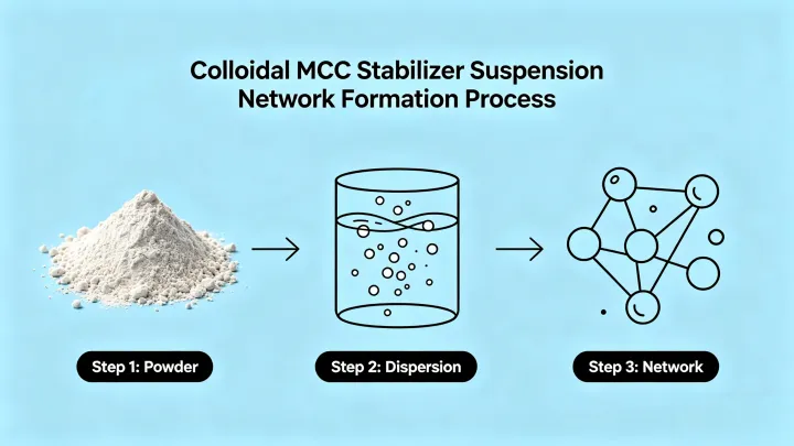 how colloidal MCC stabilizer forms suspension network in water