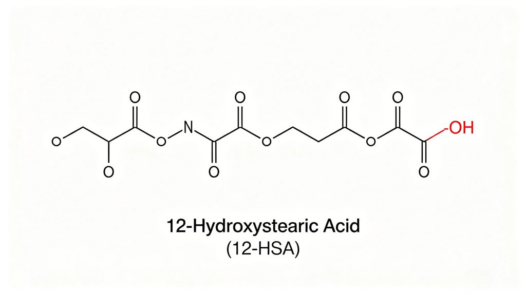 Molecular structure of 12-hydroxystearic acid highlighting hydroxyl group at carbon 12