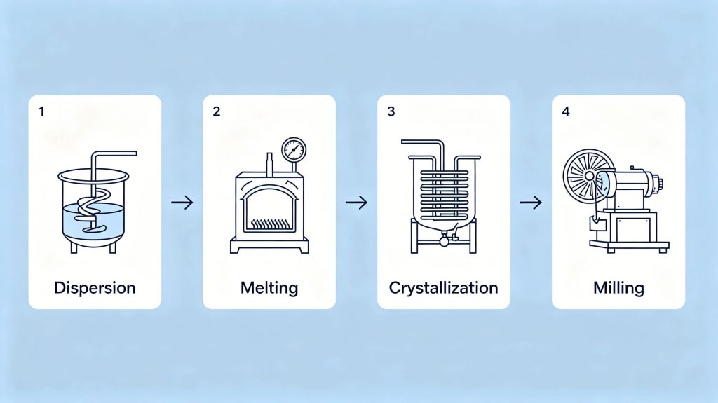Lithium 12-HSA grease manufacturing process flowchart showing dispersion, melting, crystallization, and milling stages