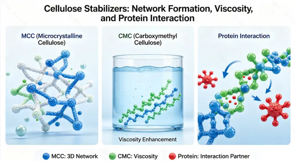 how cellulose stabilizers work network formation viscosity protein interaction