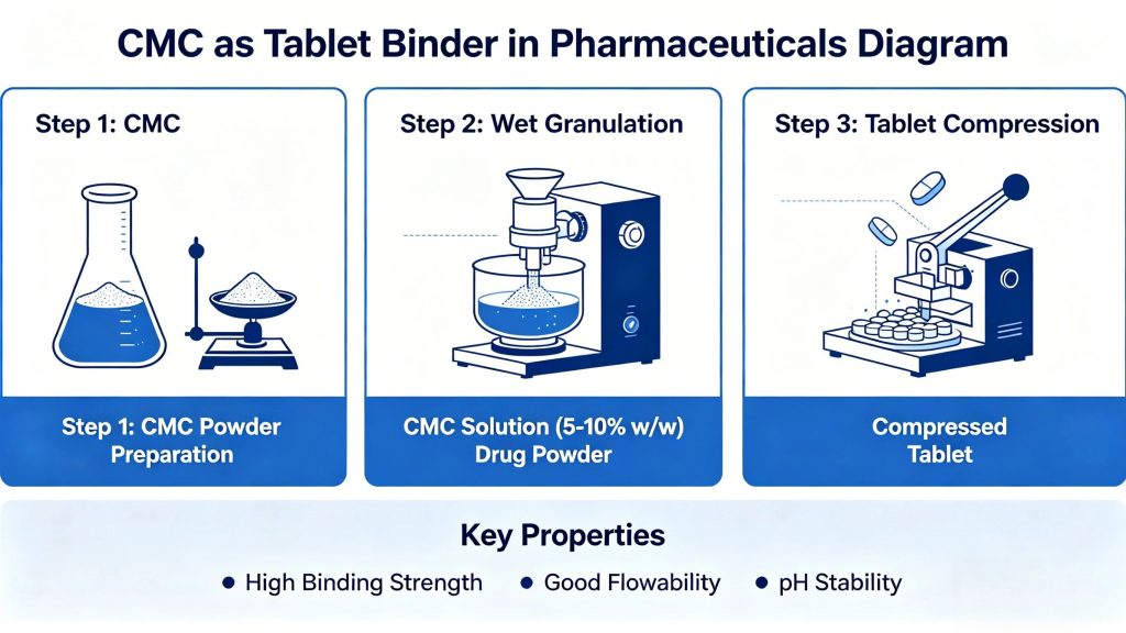 CMC uses in pharmaceuticals as tablet binder diagram