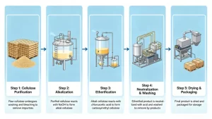 Carboxymethyl cellulose manufacturing process from cellulose purification to etherification and drying