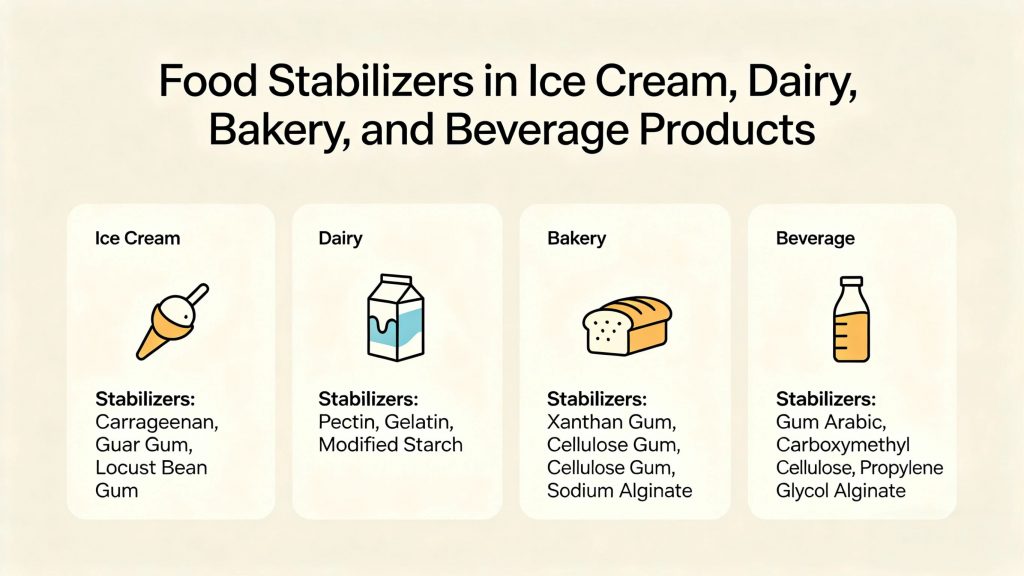 Food stabilizers used in ice cream dairy bakery and beverage products