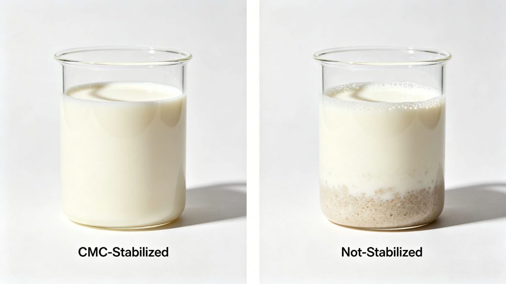 CMC in dairy products showing stability improvement and sedimentation prevention in liquid milk systems