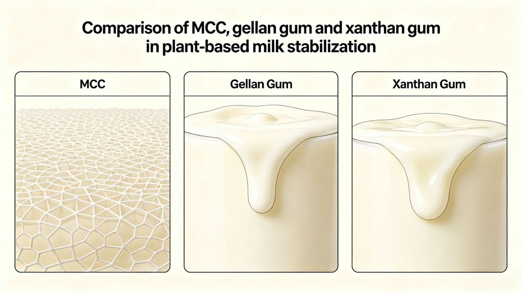 Comparison of MCC, gellan gum and xanthan gum in plant-based milk stabilization