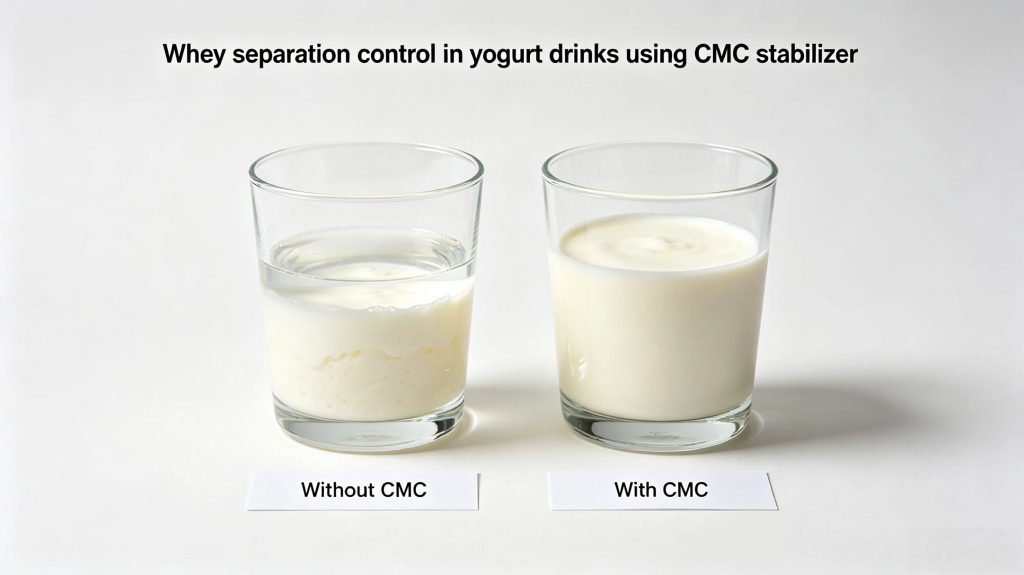 Whey separation control in yogurt drink stabilizer system using CMC stabilizer