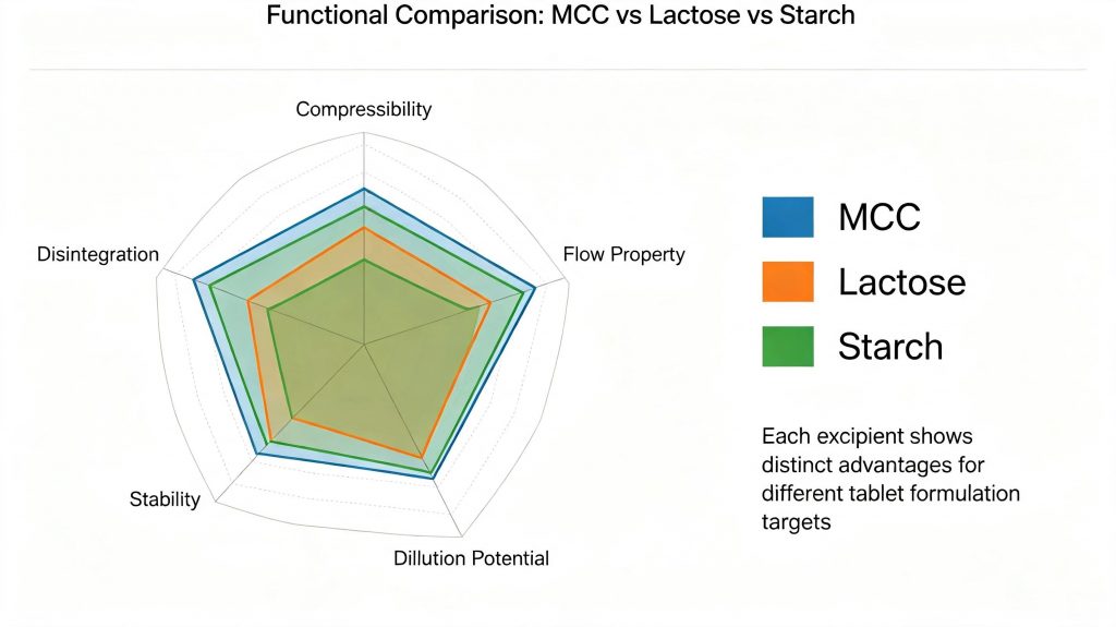 Comparison of MCC lactose and starch pharmaceutical excipients
