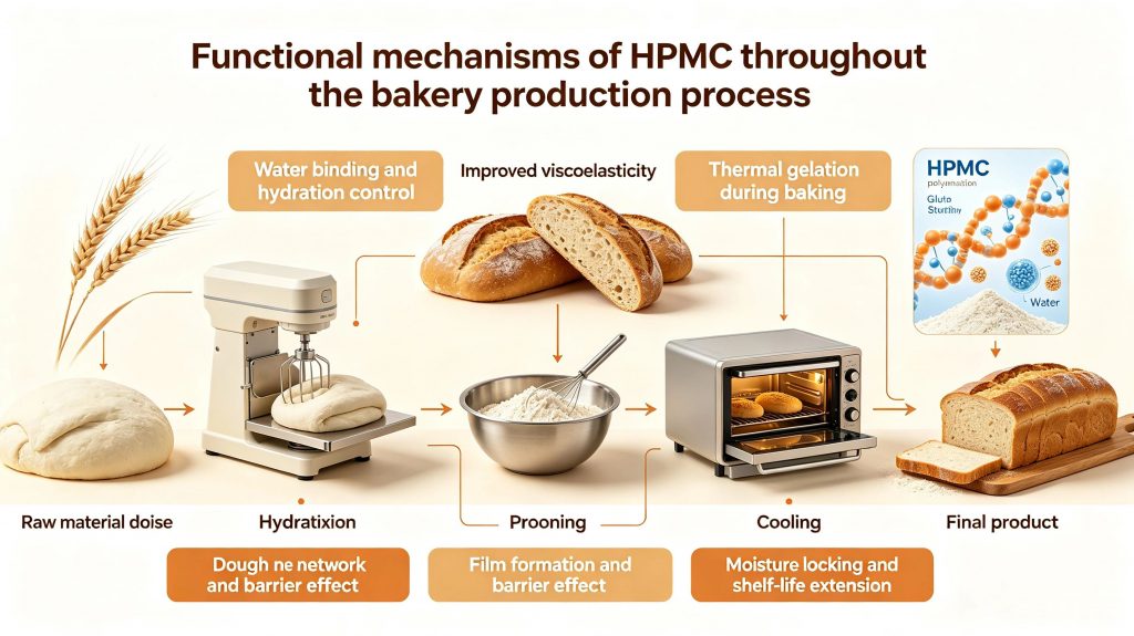Thermal gelation of hydroxypropyl methylcellulose during baking.