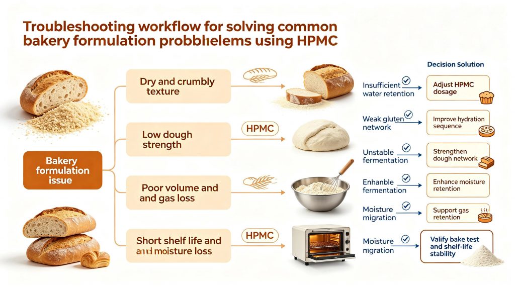 HPMC Used in Bakery: troubleshooting workflow for solving common bakery formulation problems using HPMC, including dry crumbly texture, low dough strength, poor volume, gas loss, and short shelf life, with corrective actions for dosage, hydration, dough network, moisture retention and bake test verification