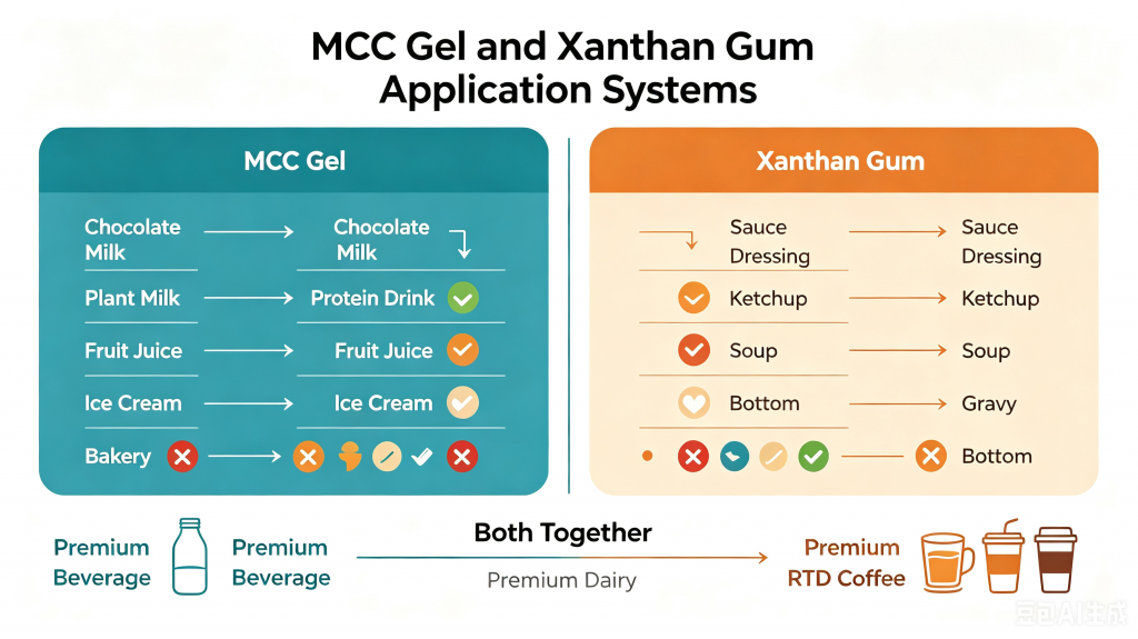 Comparison of food applications for MCC Gel and xanthan gum stabilizers