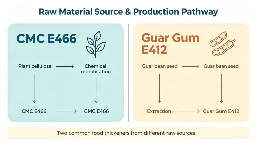 Difference between cellulose based CMC and guar bean derived guar gum source