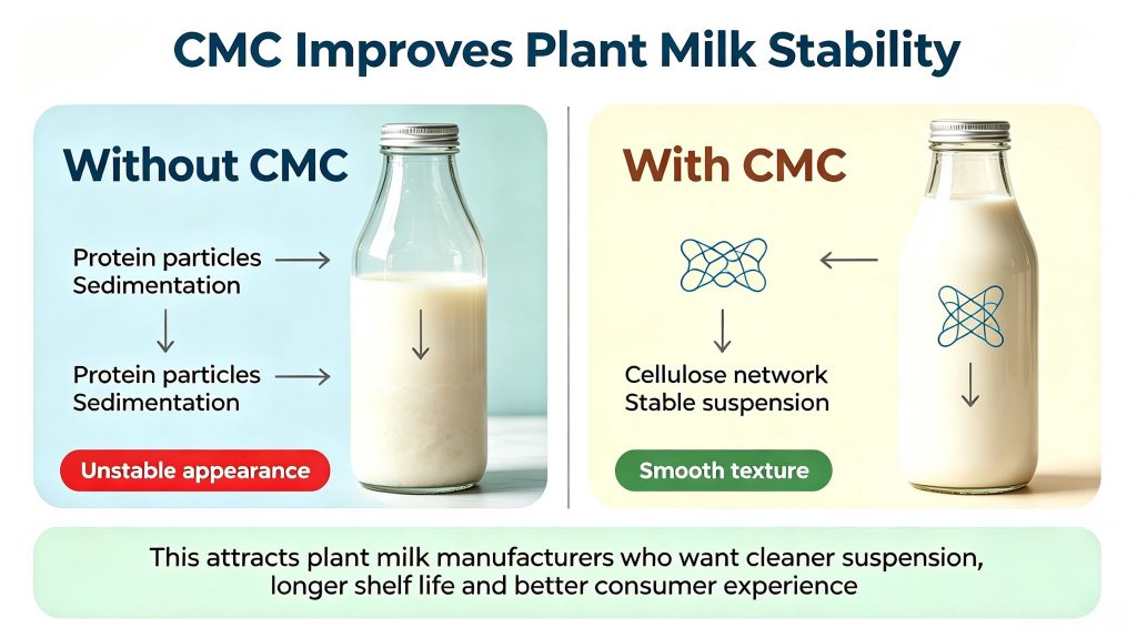CMC stabilization mechanism in plant based beverages preventing protein and particle sedimentation