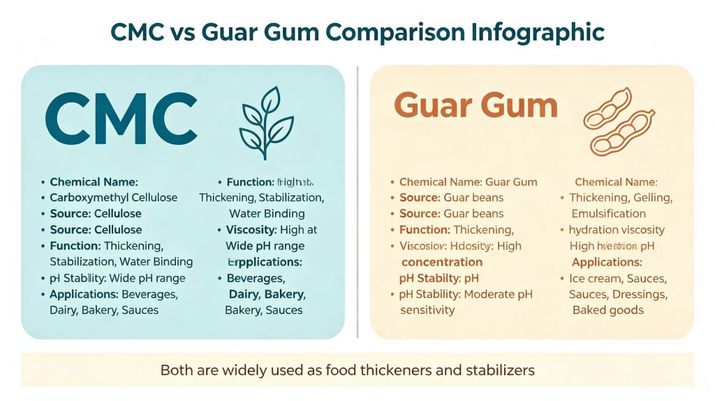 CMC vs Guar Gum functional comparison for food stabilizer applications including beverages, dairy and sauces