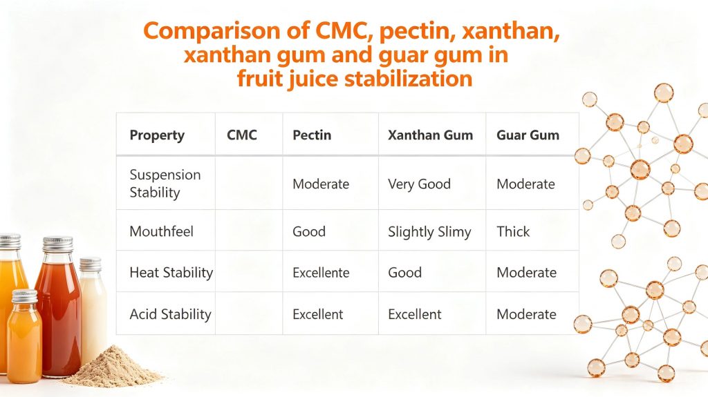 Comparison of CMC, pectin, xanthan gum and guar gum in fruit juice stabilization.