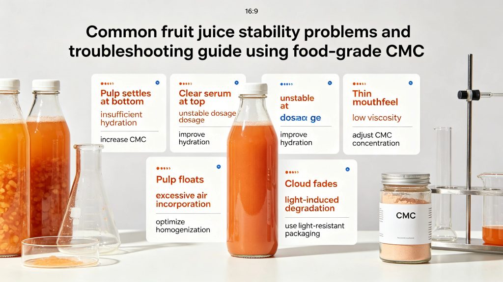 Common fruit juice stability problems and troubleshooting guide using food-grade CMC.