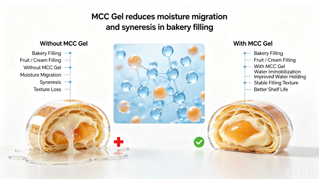 MCC Gel improving water retention and reducing syneresis in bakery fillings