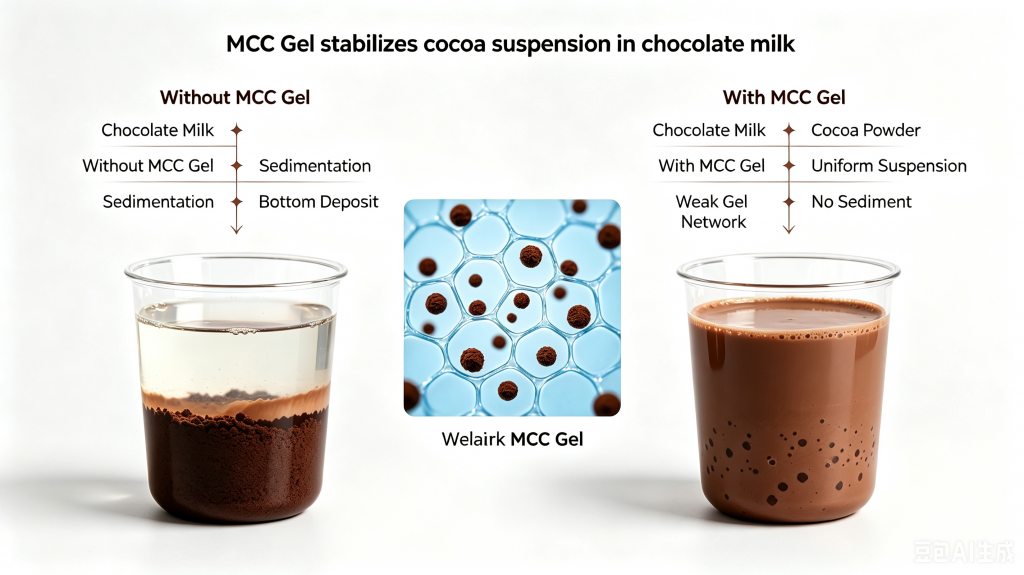 MCC Gel preventing cocoa sedimentation in chocolate milk through particle suspension