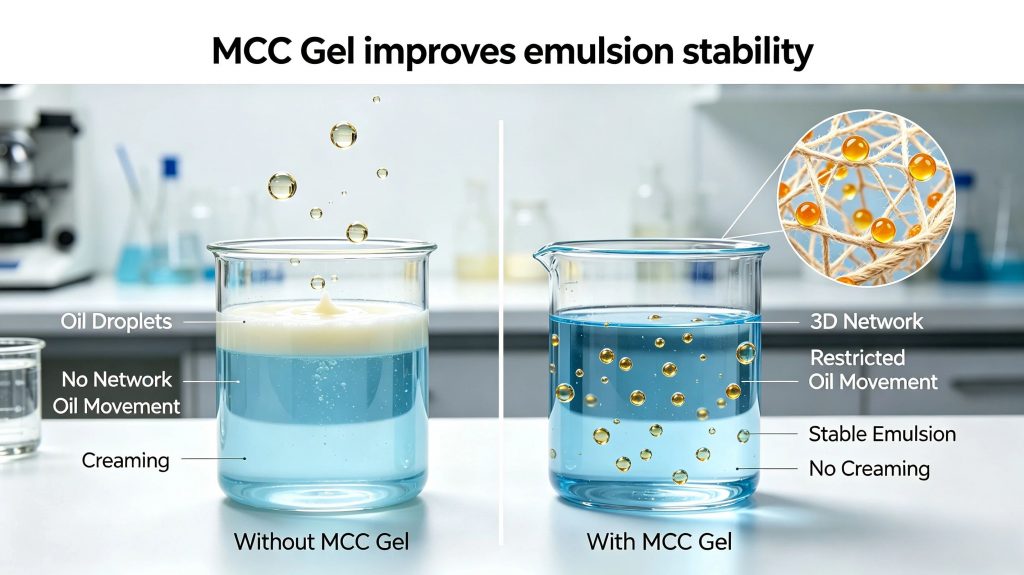MCC Gel stabilizing oil-in-water emulsions by preventing oil droplet movement
