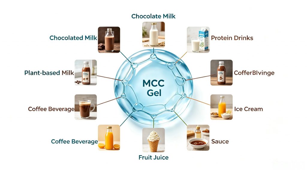 MCC Gel food applications including plant based milk, chocolate milk, protein drinks and beverages