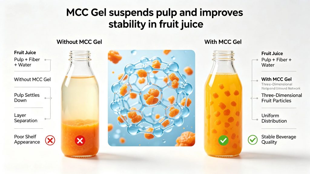 MCC Gel suspending fruit pulp and fiber in fruit juice to reduce sedimentation and improve beverage stability.
