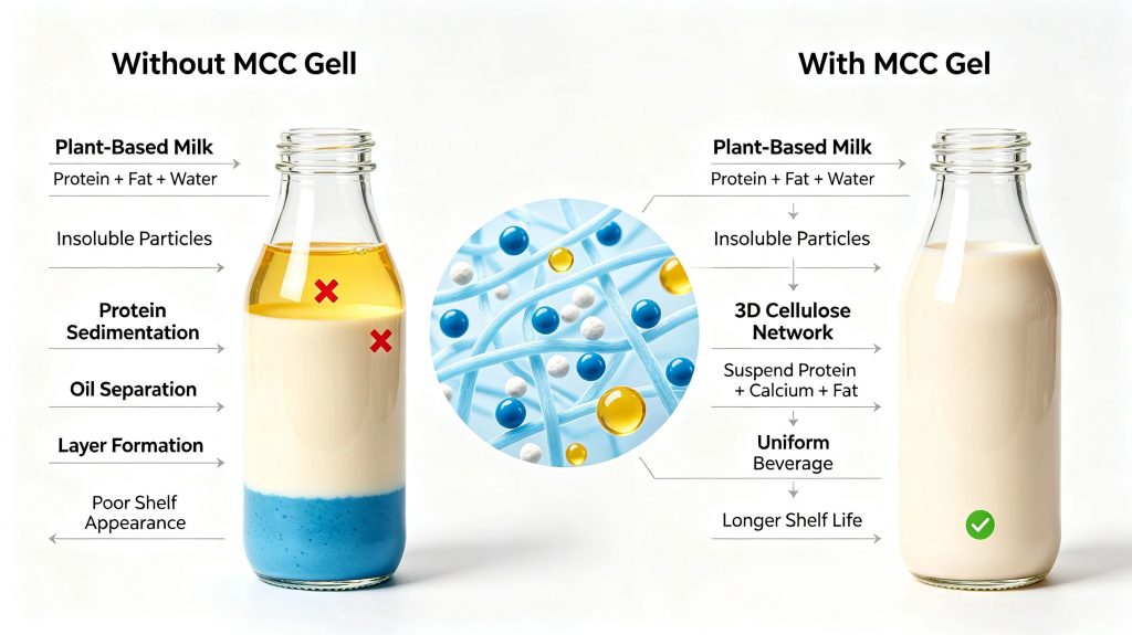MCC Gel stabilizing plant-based milk by suspending protein, calcium and oil droplets to prevent sedimentation.