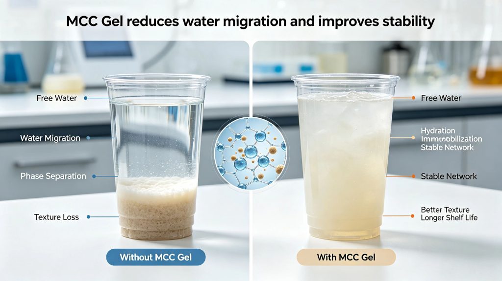Water binding mechanism of MCC Gel reducing free water migration and improving food stability.
