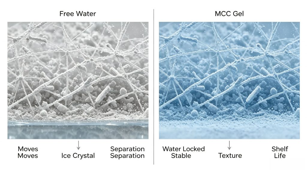 Water immobilization mechanism of MCC Gel in food applications