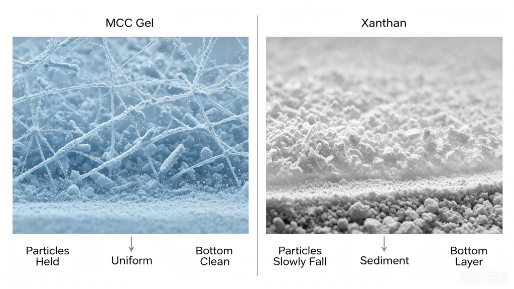 Structural suspension provided by MCC Gel compared with viscosity-based suspension from xanthan gum