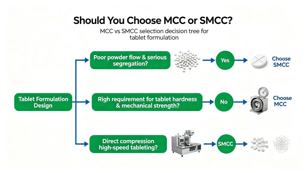 MCC vs SMCC selection decision tree for tablet formulation
