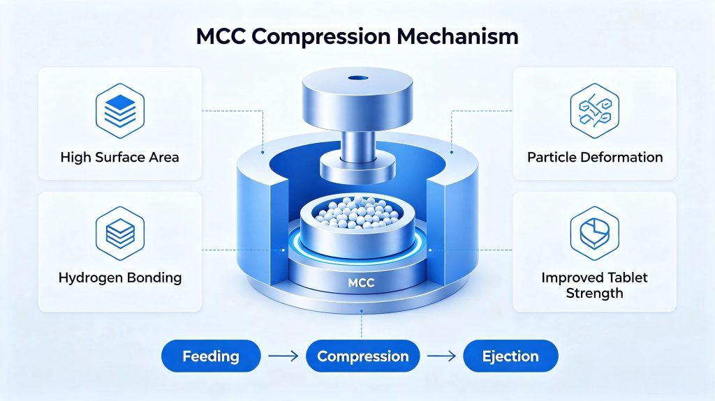 Microcrystalline cellulose MCC compression mechanism for tablet hardness improvement