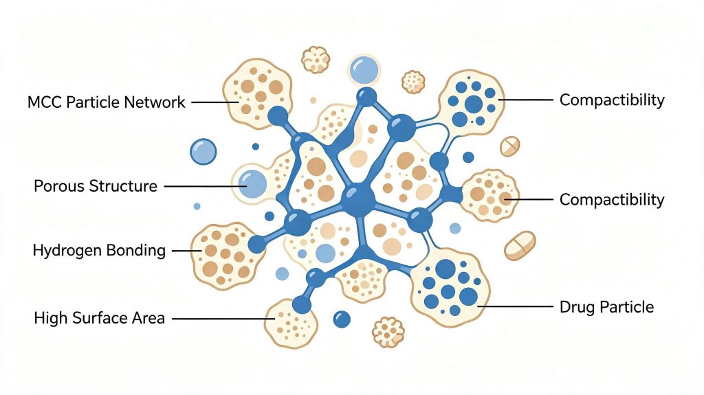 Microcrystalline cellulose MCC particle structure for direct compression tablets