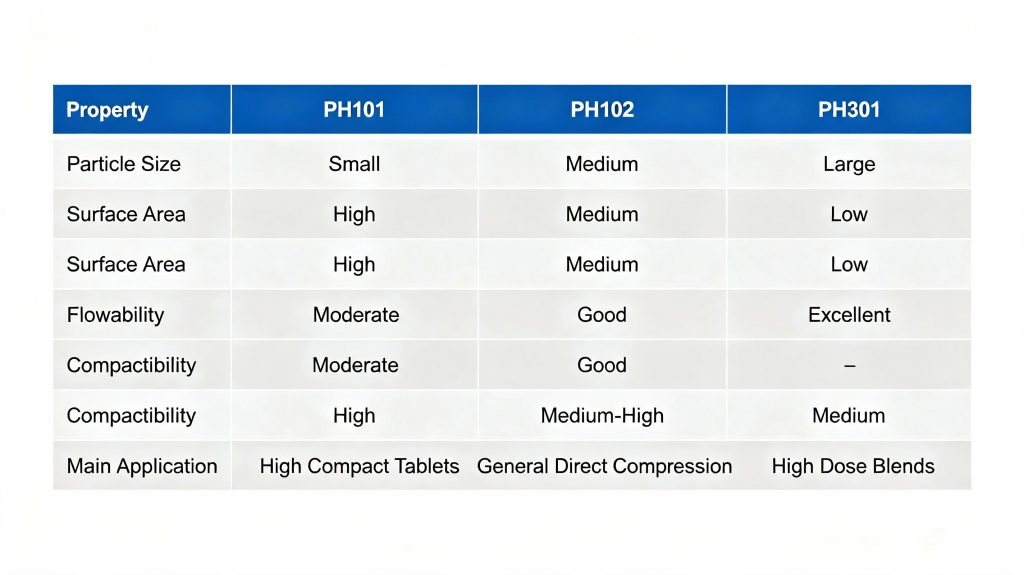 MCC PH101 PH102 PH301 comparison for direct compression tablets