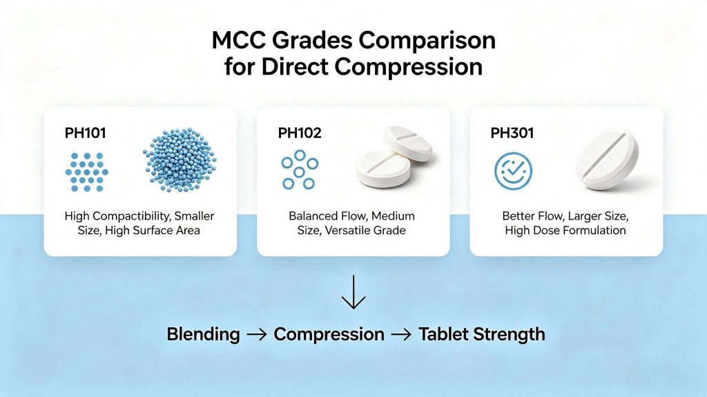 MCC PH101 PH102 PH301 direct compression excipient comparison