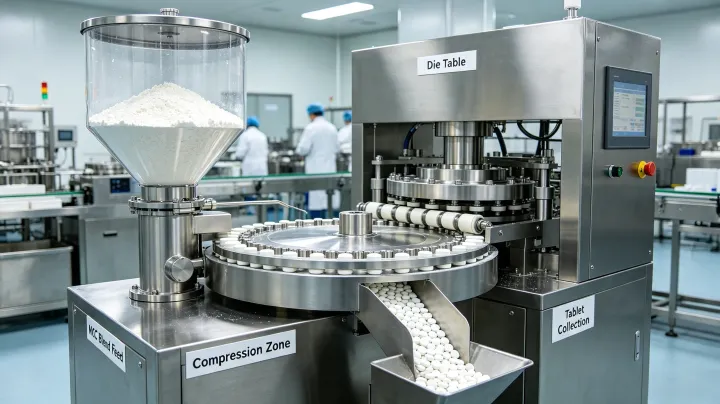 Pharmaceutical tablet compression machine using MCC excipient