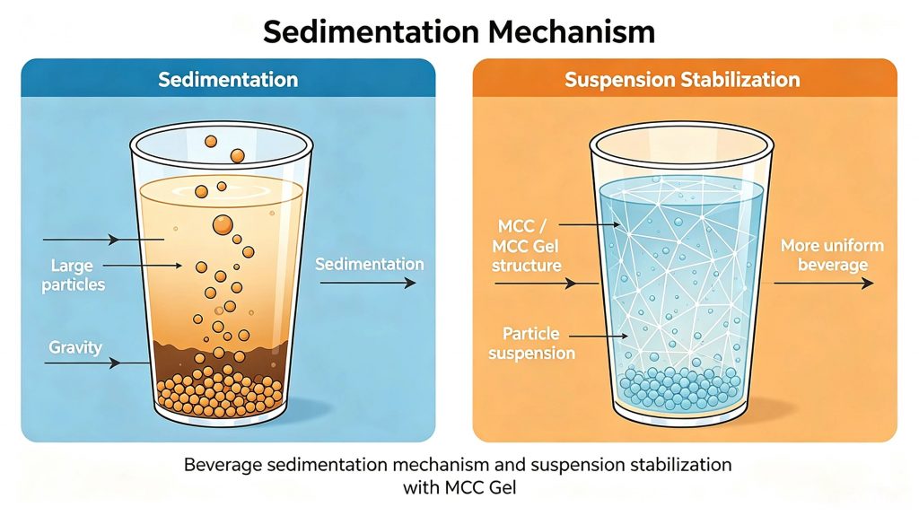 Beverage sedimentation mechanism and suspension stabilization with MCC Gel
