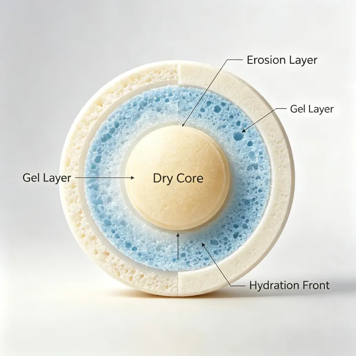 HPMC controlled-release tablet showing dry core hydration front gel layer and erosion layer