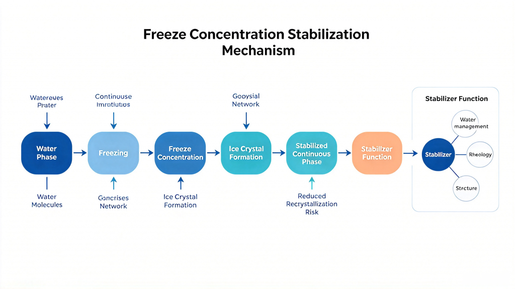 ice cream stabilizer mechanism showing freeze concentration and water management