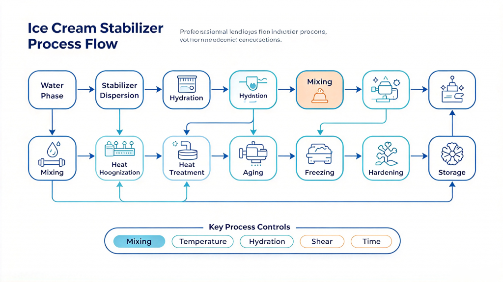 Ice cream processing flow from dispersion and hydration to freezing
