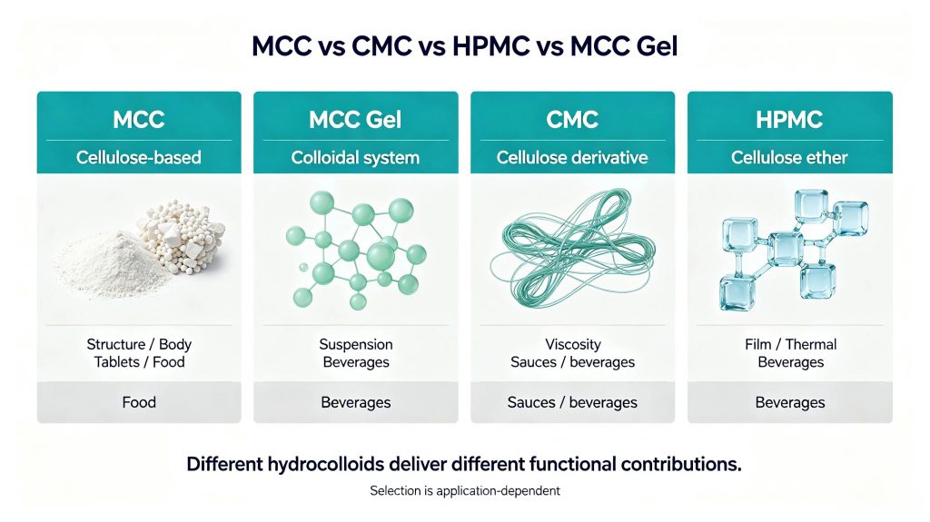 Comparison of MCC, CMC, HPMC and MCC Gel for food applications