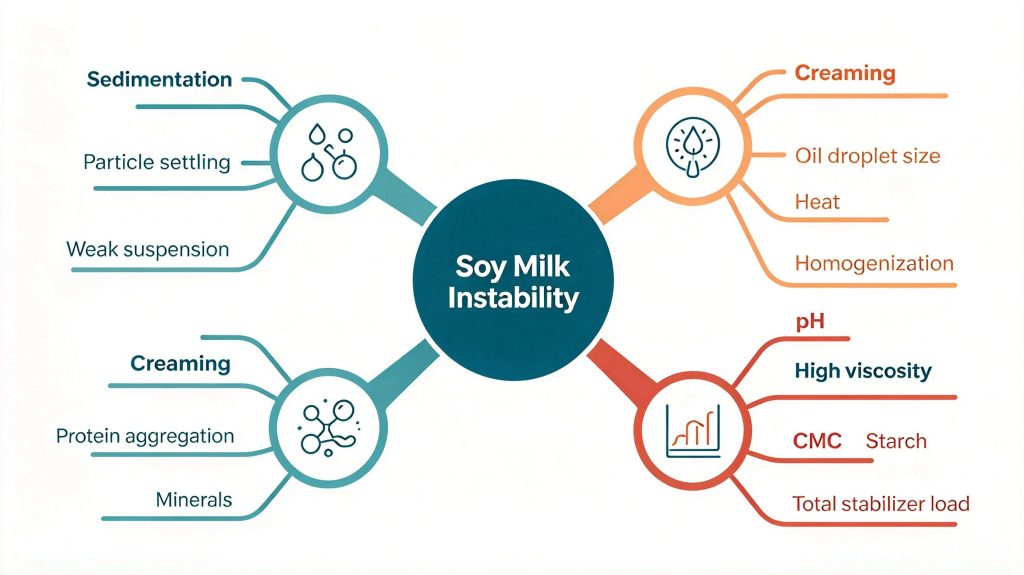 Soy milk stability troubleshooting map for sedimentation, creaming and protein aggregation